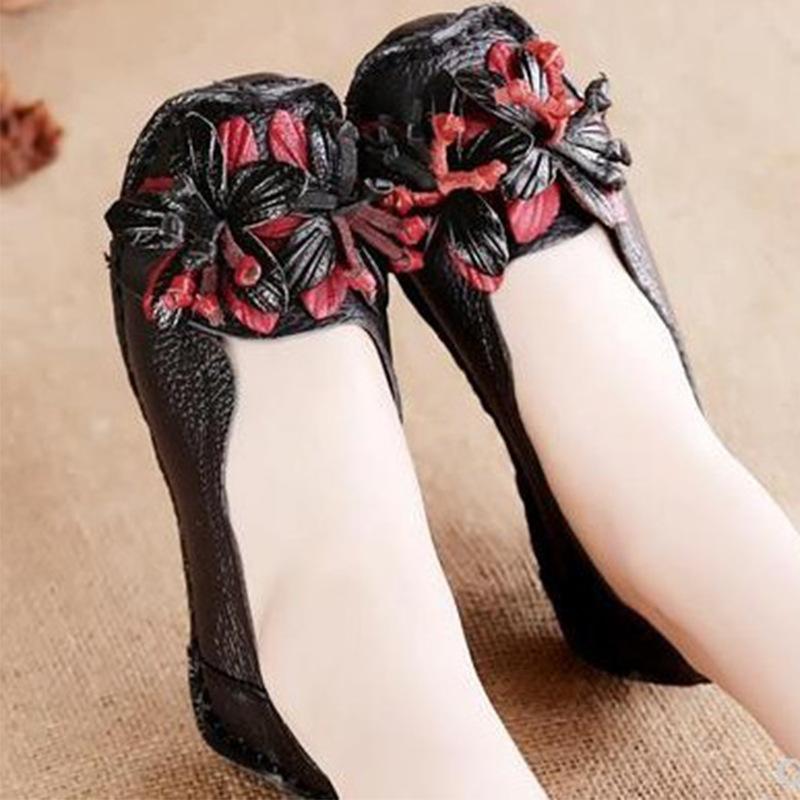 New Top Layer Cowhide Soft Sole Women's Shoes National Style Genuine Leather Women's Single Shoes Large Size Comfortable Bean Shoes