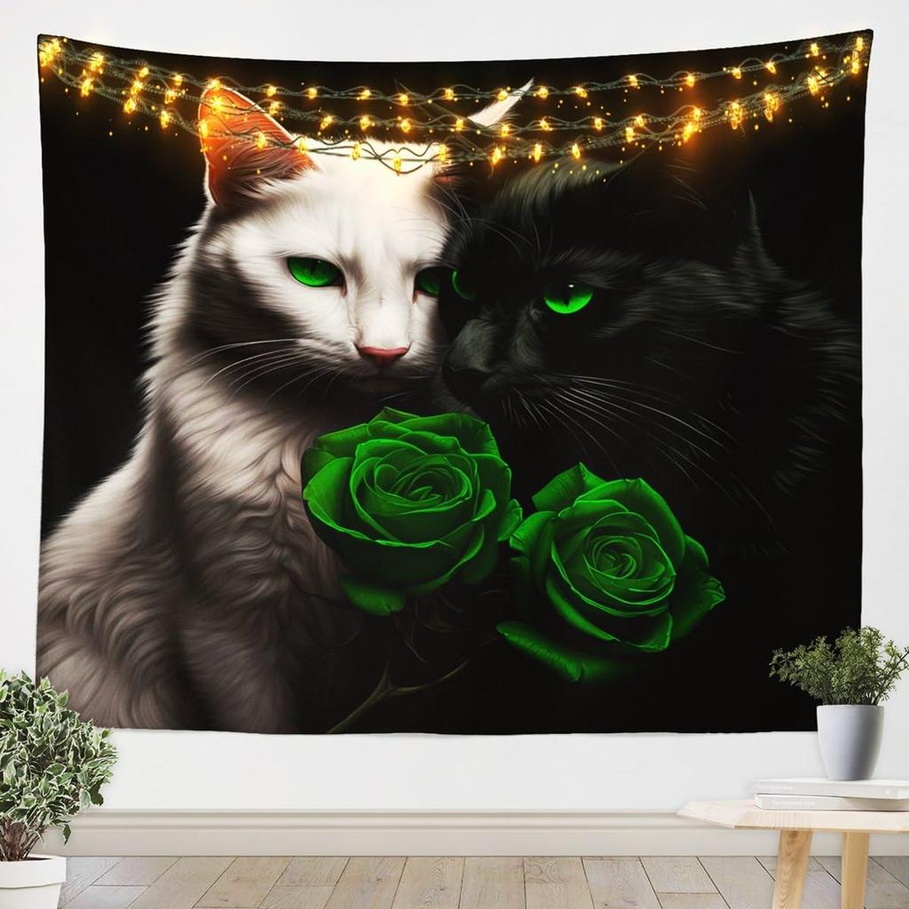 Black And White Cat Tapestry,Red Rose Floral Wall Hanging Art For Kids Girls Women Teens Bedroom Decor,3D Animals Plants Wall