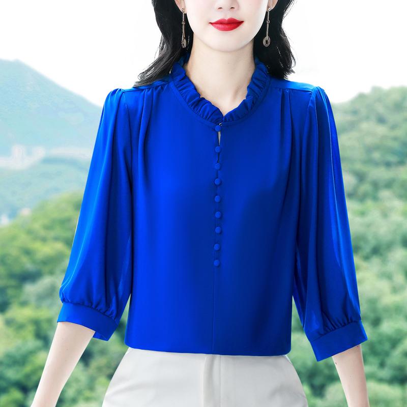 Spring Summer Women Tops Patchwork Silk Chiffon Blouse 3/4 Sleeve Elegant Fashion Office Lady Jacquard Shirt Blusa