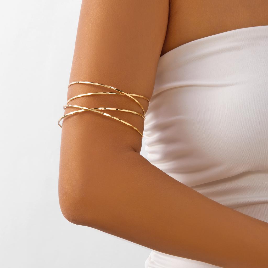 Bracciale da braccio superiore a fascia colore oro vintage per donna Braccialetto geometrico a croce in metallo Regolabile Gioiello per festa in spiaggia Regalo