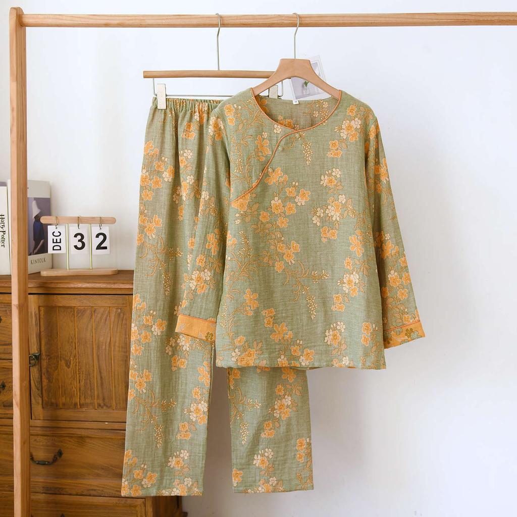 2026 Ny Dam Vår och Höst Pyjamas Set 100% Bomull Gasväv Rund Hals Långärmad Tunn Hemkläder Tvådelat Set