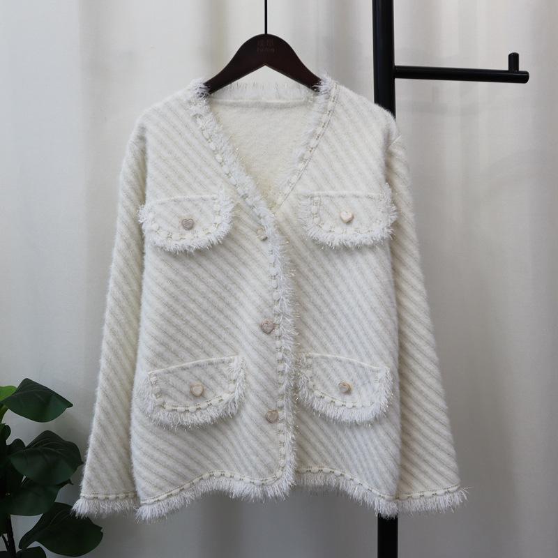 Autumn and Winter New Imitation Mink Velvet Knitted Cardigan Love Buckle High-end Temperament Sweater Jacket Women