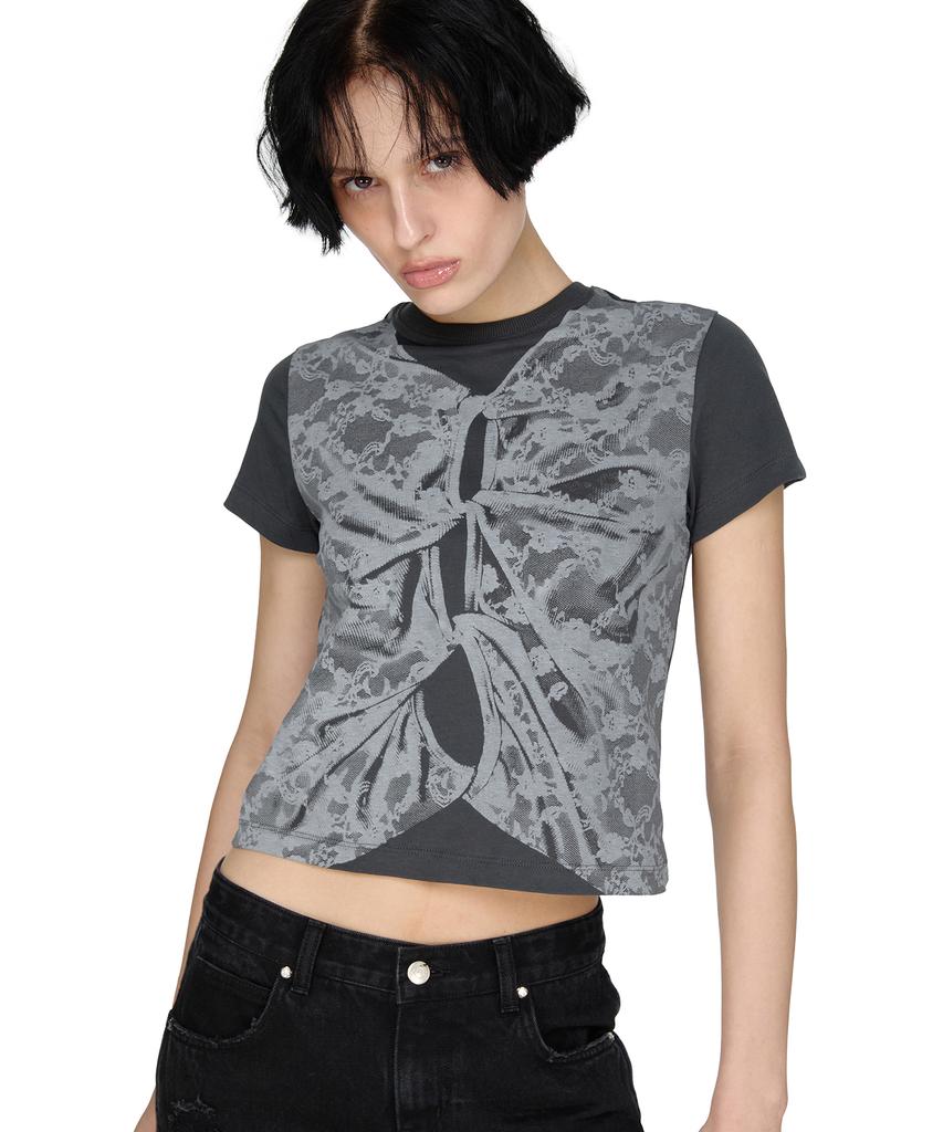 SUNBURNPROJECT Lace Printing Layered T-Shirt, Charcoal