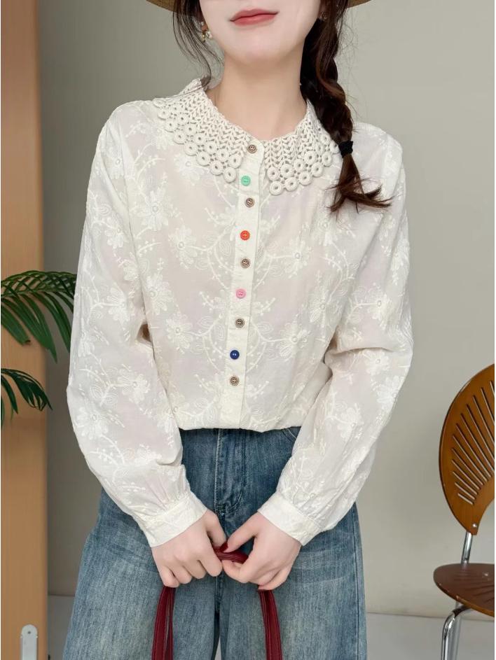 Women's Mori Girl Style Embroidered White Long-Sleeve Shirt with Hollowed Collar & Colorful Buttons - Slimming & Versatile Design