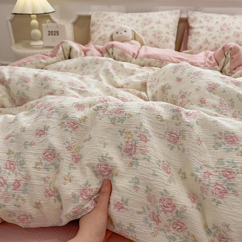 Cream Wind Double Yarn Bedding Four-piece Set Skin-friendly Breathable Washed Sheets Quilt Cover Pillowcase