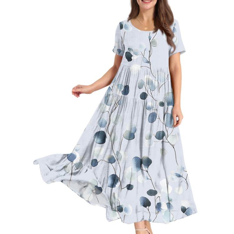 Women Summer Boho Floral Printed Loose Dress Round Neck Short Sleeve