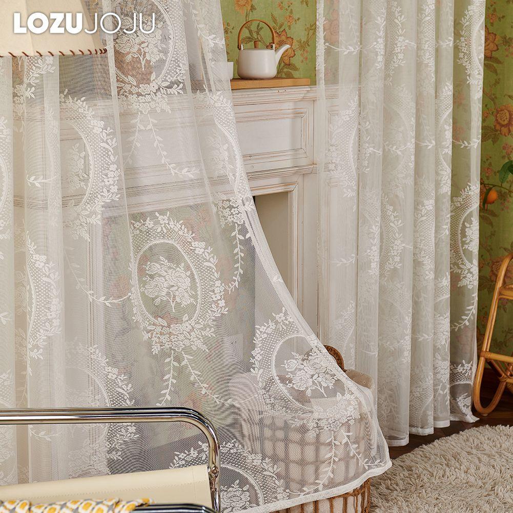 1PC LOZUJOJU French White Lace Curtain Retro Palace Style Sheer Curtain Solid Color Tulle for Living Room Bedroom Balcony Home Decor