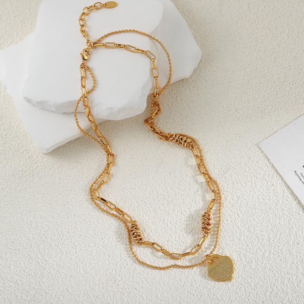 GEMCHIC Women s Layered Heart Pendant Sweater Chain Necklace, Gold Plated Brass Double Layer Design