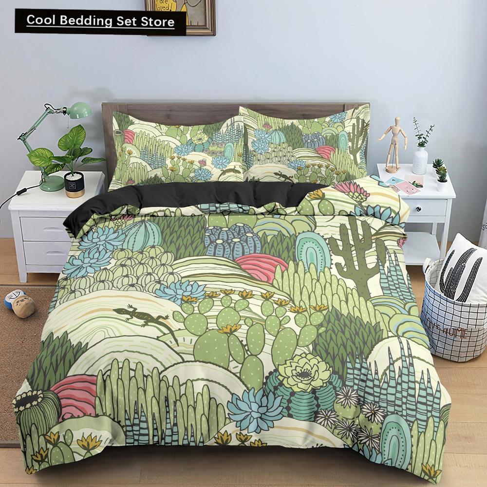 Cactus King Queen Duvet Cover Succulents Bedding Set for Kids Teens Adults Green Botanical Flowers 2/3pcs Polyester Quilt Cover
