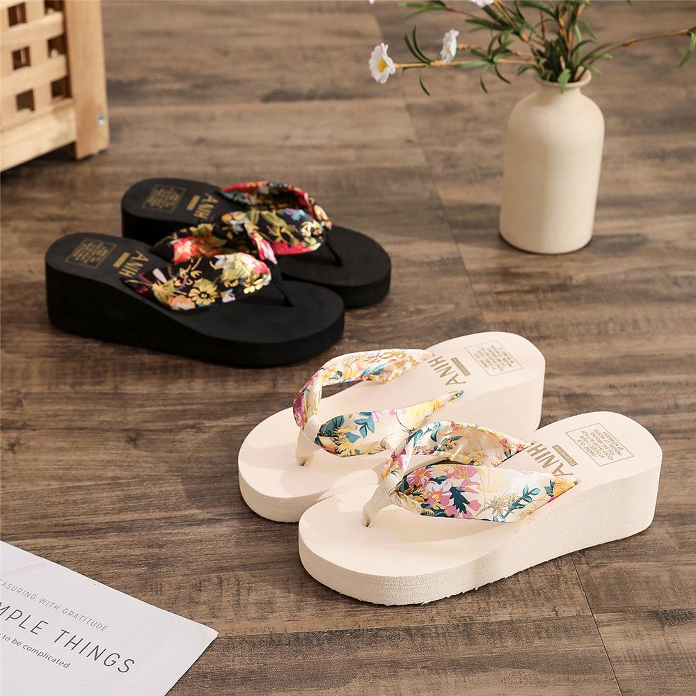 Bohemian Satin Strap Women's Platform Flip Flops - Casual Ethnic Style Summer Beach Slippers