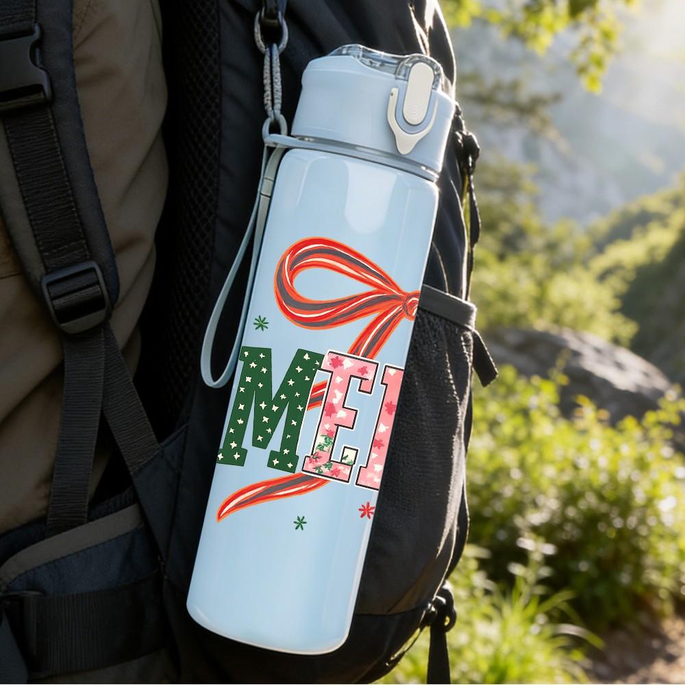 1PC Merry Red Bow Letter Print 750ml Color Plastic Sports Water Bottle Leakproof Flip Straw Lid Suitable for Sports Office Home Use