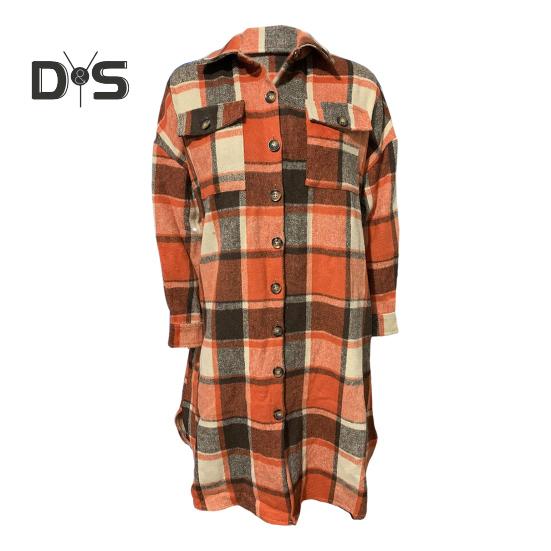 Podzim Zima Dámský Kabát Typ Košile Kostkovaný Potisk Jednořadé Zapínání Klopový Límec s Náprsními Kapsami Rozparek na Lemu Volný Střední Délka Denní Nošení Práce Venkovní