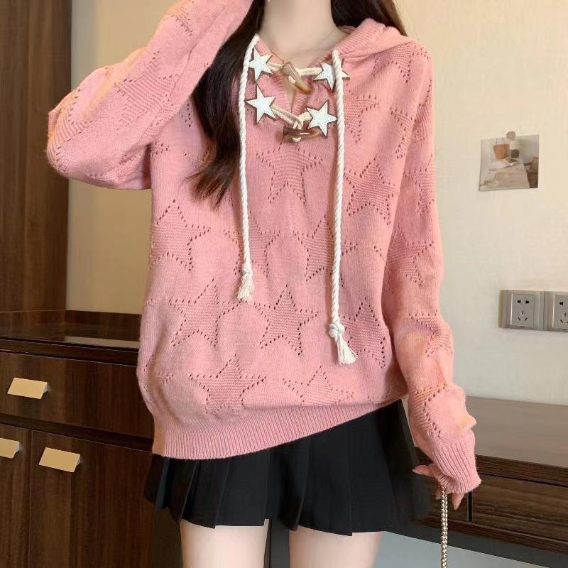 Women s Hollow Knitted Sweater American Version Drawstring Design Star Pattern Ladies Sweaters Autumn Loose Casual Versatile Famale Pullover Top XL розовый 2470₽