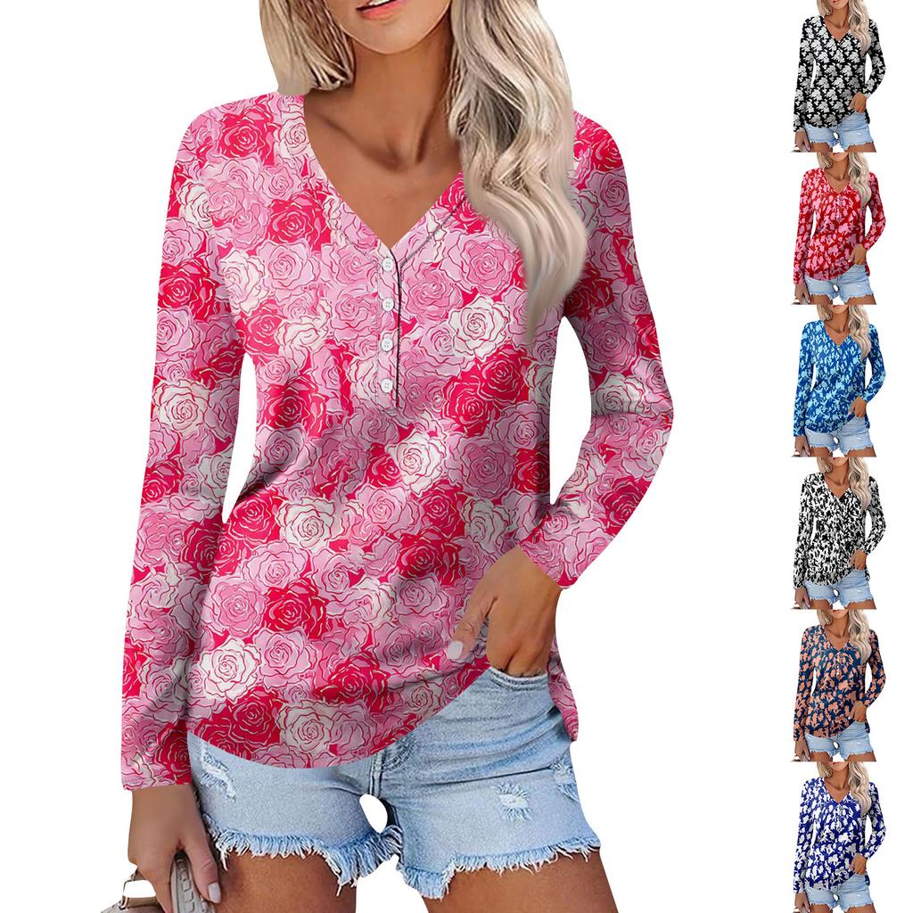 Women's Casual Loose Fashion Retro Floral Print Long Sleeve V-Neck Button Down Shirt
