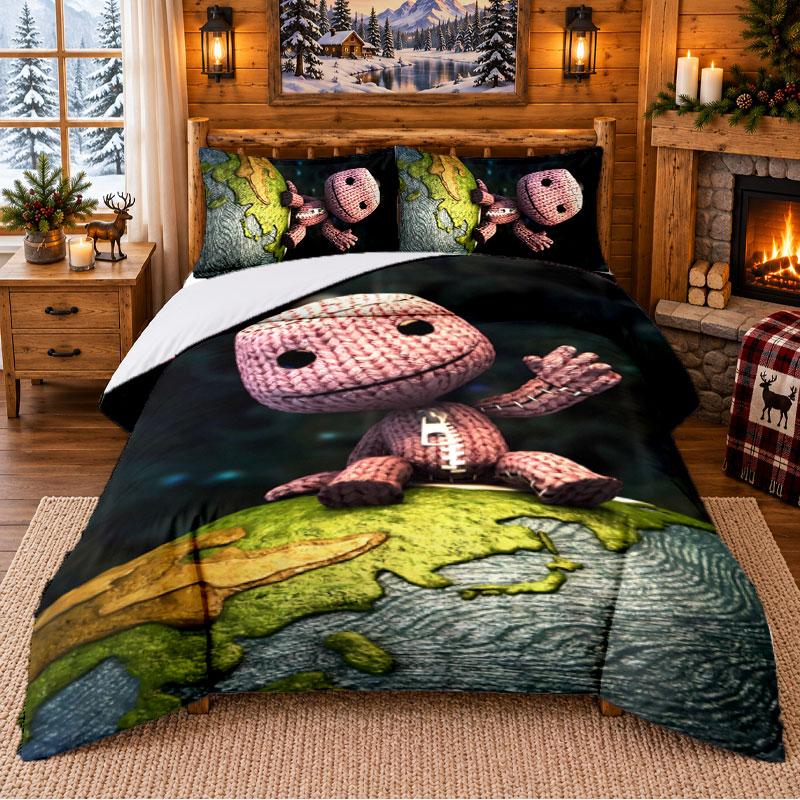 Little Big Planet Muster Bettwäsche 3-teiliges Set Bettlaken und Kissenbezüge für Schlafzimmer