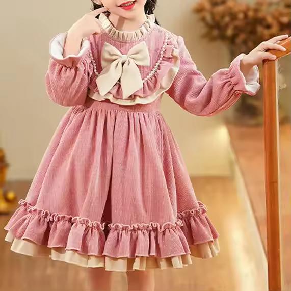 

Girls Autumn Winter Dress Children Bow Lace Collar Plush Thickened Princess Dress 100 рожевий