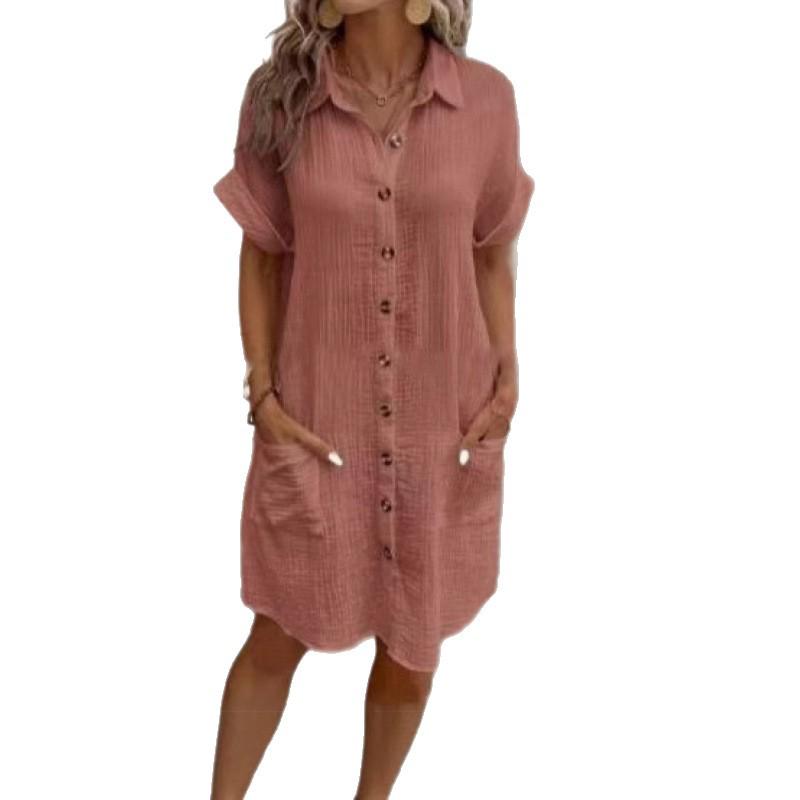 2026 Women's Mid-length Single-breasted Solid Color Short Sleeve Casual Dress