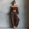 Spring Womens Off Shoulder Crop Top And Wide Leg Pants Set With Spliced Design For Casual Wear