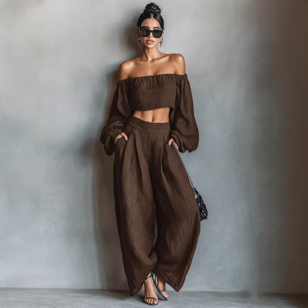 Spring Womens Off Shoulder Crop Top And Wide Leg Pants Set With Spliced Design For Casual Wear