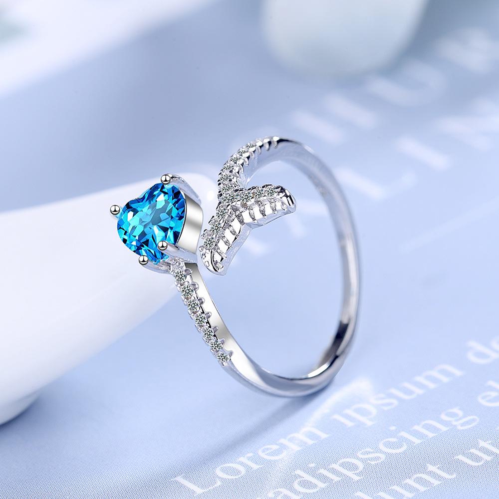 Heart Blue Diamond Ring Women's Korean Edition Fashion Ins Wind Fish Tail Diamond Sweet Open Ring 2026