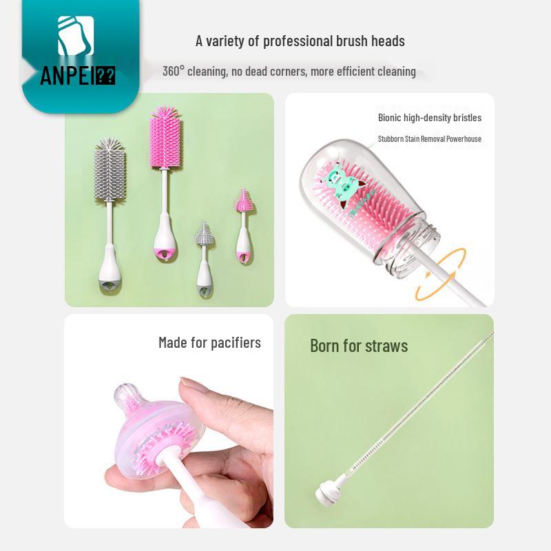 Anpei 360° Rotating Silicone Bottle & Nipple Cleaning Brush Set