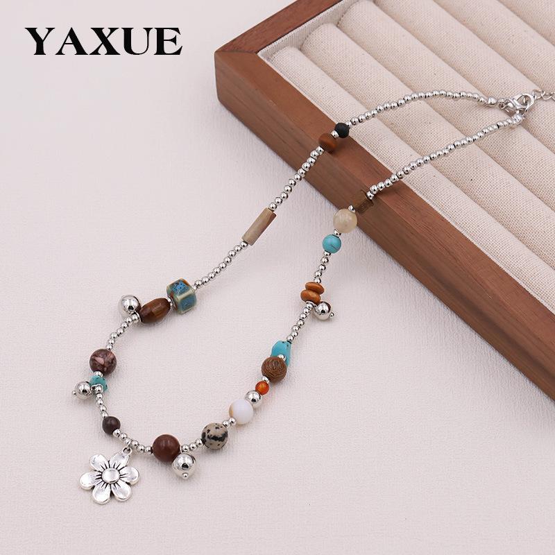 Vintage Beaded Natural Stone Necklace for Women - Ethnic Style Clavicle Chain Jewelry