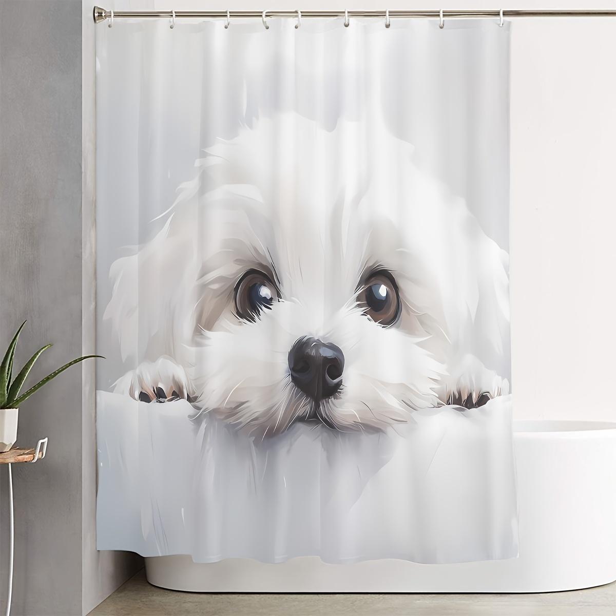 1 шт. Шторка для душа - Милый белый щенок с большими карими глазами и пушистой шерстью Водонепроницаемая W90XH180cm