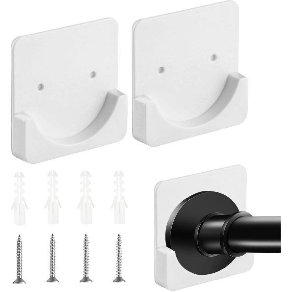 2 Pcs Adhesive Shower Rod Tension Holder, No Drilling Shower Curtain Rod Holder, Stick On Shower Rod Holders Mount Retainer for Wall, Tension Curtain