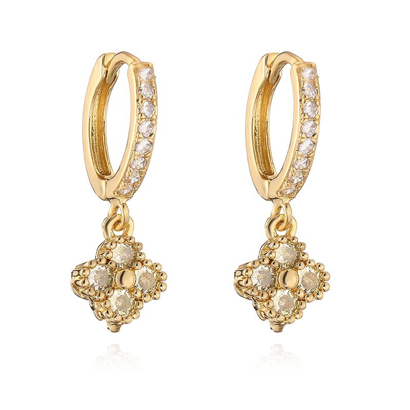 Women Gold Plated Brass Crystal Zirconia Flower Dangle Earrings Hollow Out Design Fashion Jewelry 1 Pair