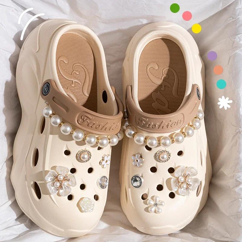 

Fashion Pearl Chains Diy Clogs for Women Summer 2025 Chunky Platform Soft Bottom Eva Sandals Woman Floral Decor Cloud Slippers Shoes 40-41 хаки