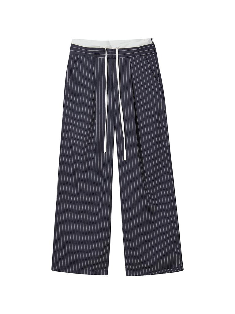 THE GREEN LAB Double Waist Striped Slacks [Navy]