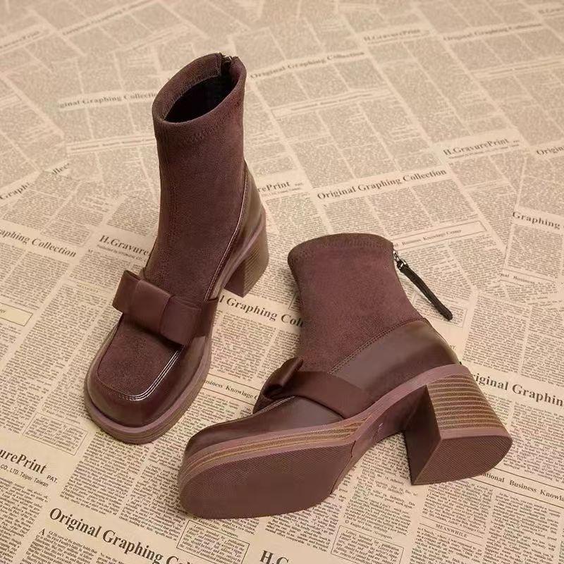 

Мода 2024 Ботильоны из замши с бантом Женские Ботильоны на высоком каблуке с квадратным носком Модные ботинки Женские Трендовые Зимние Новые Ботильоны на высоком каблуке 40