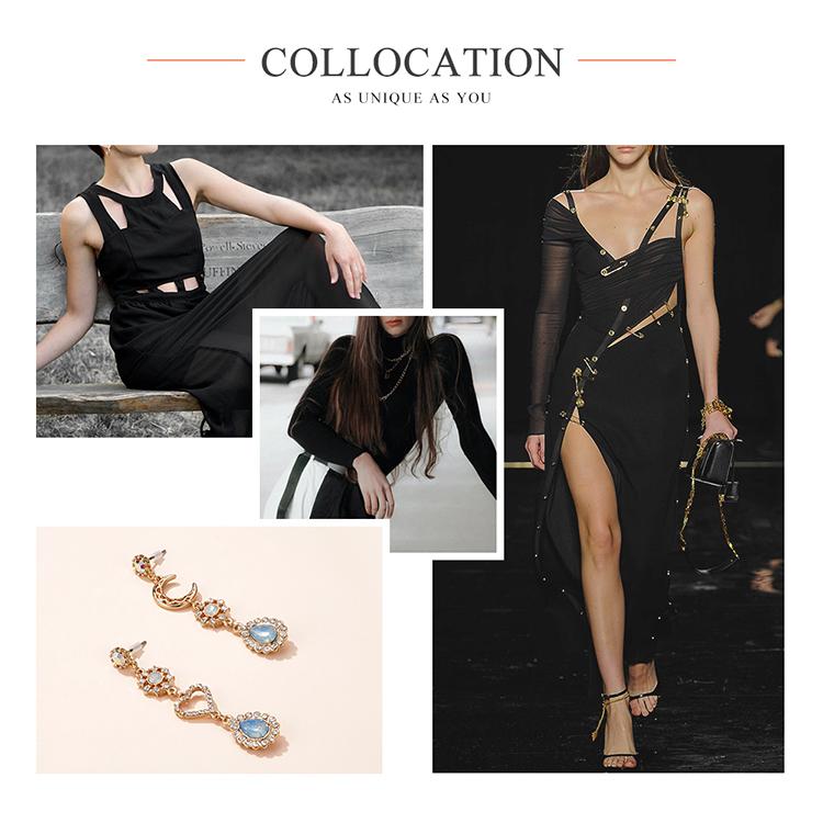 Bisaer Asymmetric Love & Moon Rhinestones Stud Earring for Ladyies Gentle Jewelry