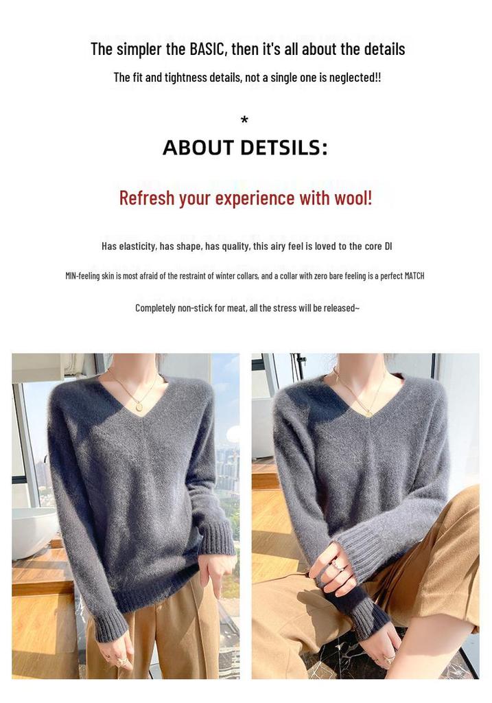 Women's Australian Pure Wool V-Neck Sweater - Autumn/Winter Loose Knit Long Sleeve Outerwear