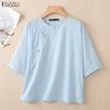 Women Casual Round Neck Solid Color Loose Half Sleeve Blouse