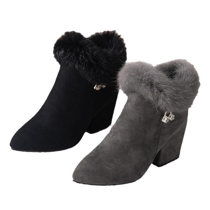 Women Snow Boots Fashion Pointed High Heels Boots Suede Casual Ankle Boots for Women Winter Fur Short Boot Botas Invierno Mujer