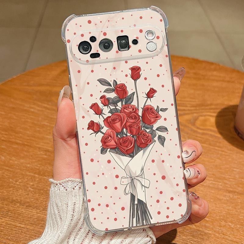 Scarlet Red Rose Flower Pattern Case For Google Pixel 9 Pro XL 9A Shockproof TPU Silicone Clear Soft Cover