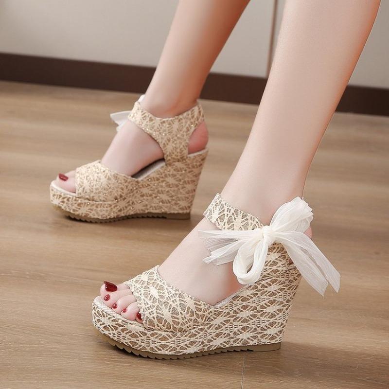 

2026 Women s Wedges Sandals Summer New Fashion Mesh Peep Toe Platform High Heel Women Sandals Sexy 35 золотой