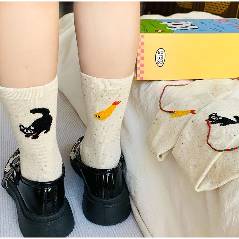 2 Pairs Autumn Vintage Women Cat Fish Printed Socks Cute Cartoon Middle Tube Soft Thermal Warm Crew Sock