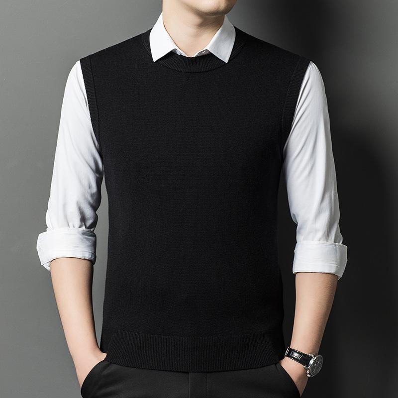 Men's V-Neck Wool Knit Vest - Autumn/Winter Solid Color, Middle-Aged & Elderly Style