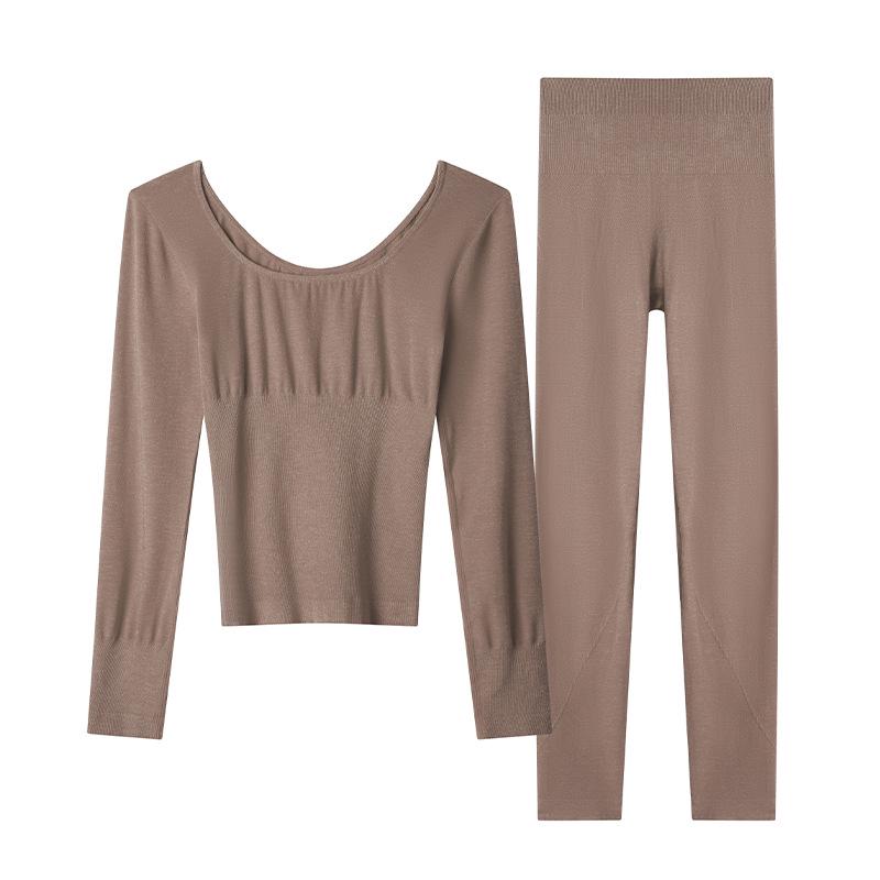 

Осенне-зимний бесшовный теплый утягивающий комплект с круглым вырезом: Легкий верх и низ Fishbone с высокой талией One Size