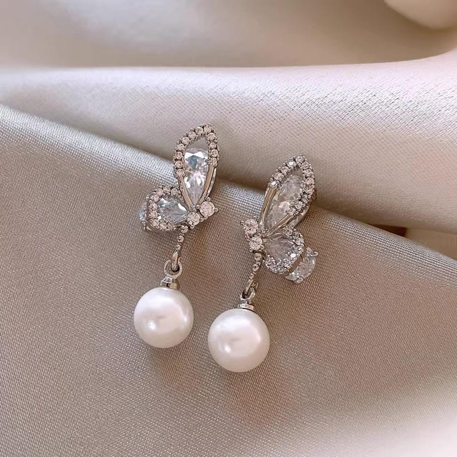Elegant Butterfly Pearl Earrings: S925 Silver Studs for Women