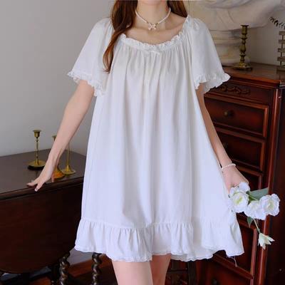 Short Sleeve Women's Pajama Dress Loose Princess Nightgown High Waist Ruffle Nightdress  Female