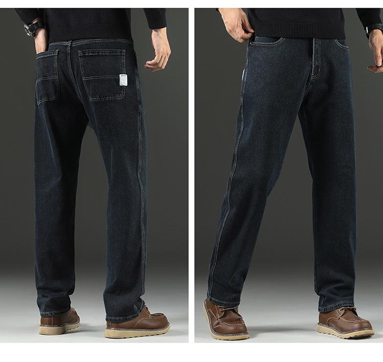 Men's Black Casual Loose Straight-Leg Jeans with Velvet Lining