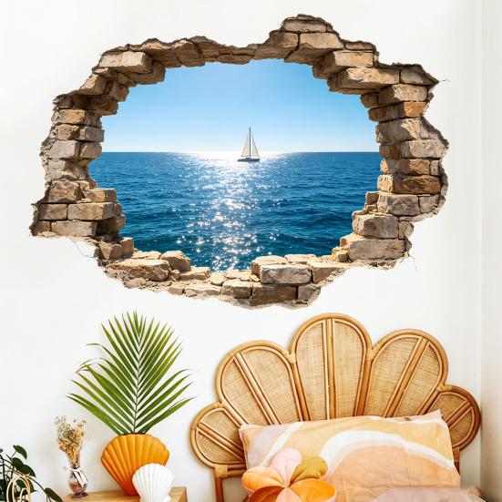 Yousheng 3D Broken Wall Ocean View Sticker, Coconut Tree Beach Decorative Decal, Waterproof Peel-And-Stick Wall Art for Living Room, Bedroom,