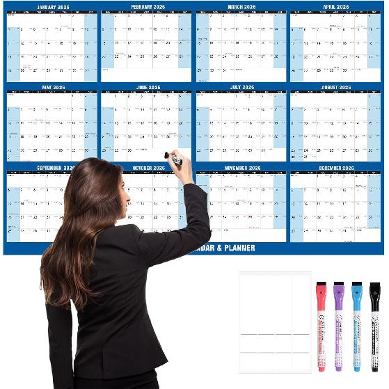 32" X 48" 2026 Wall Calendar Large Dry Erase Calendar for Wall Erasable Laminated 12 Month Wall Planner Yearly Annual Calendar Reversible