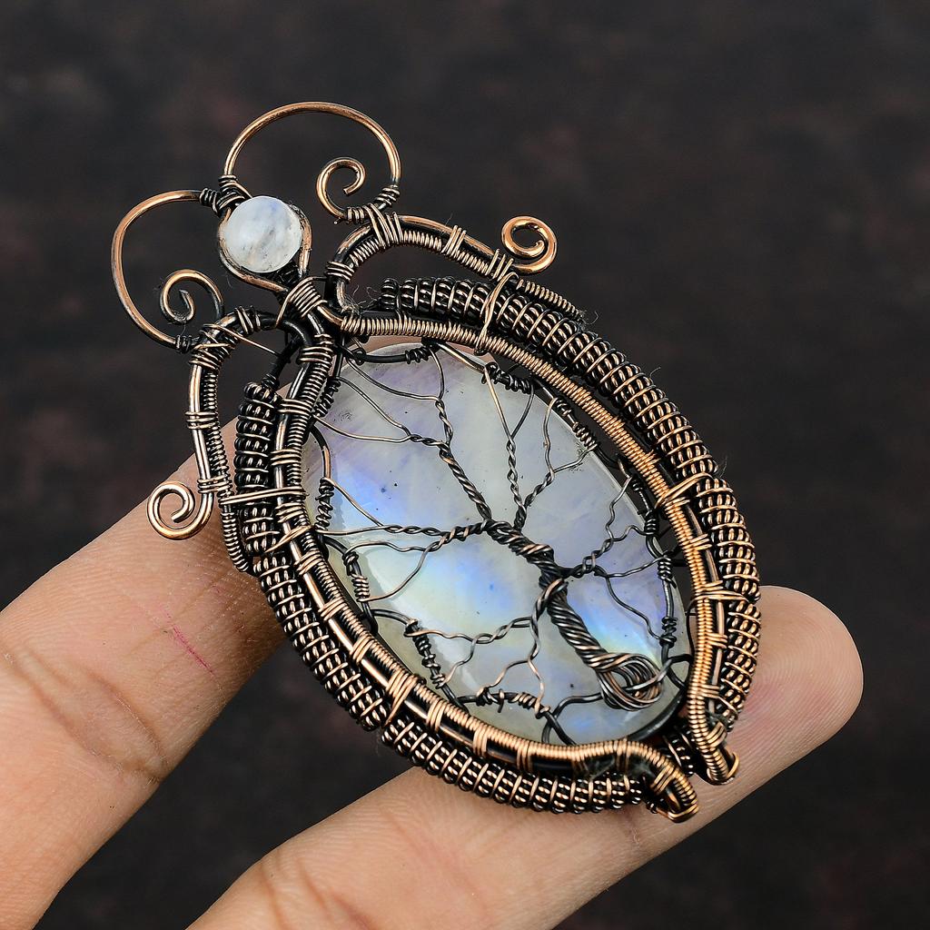 Tree Of Life Rainbow Moonstone Pendant Copper Wire Wrapped Pendant Handmade Pendant Copper Wire Wrap Jewelry Gemstone Pendant Gift For Women