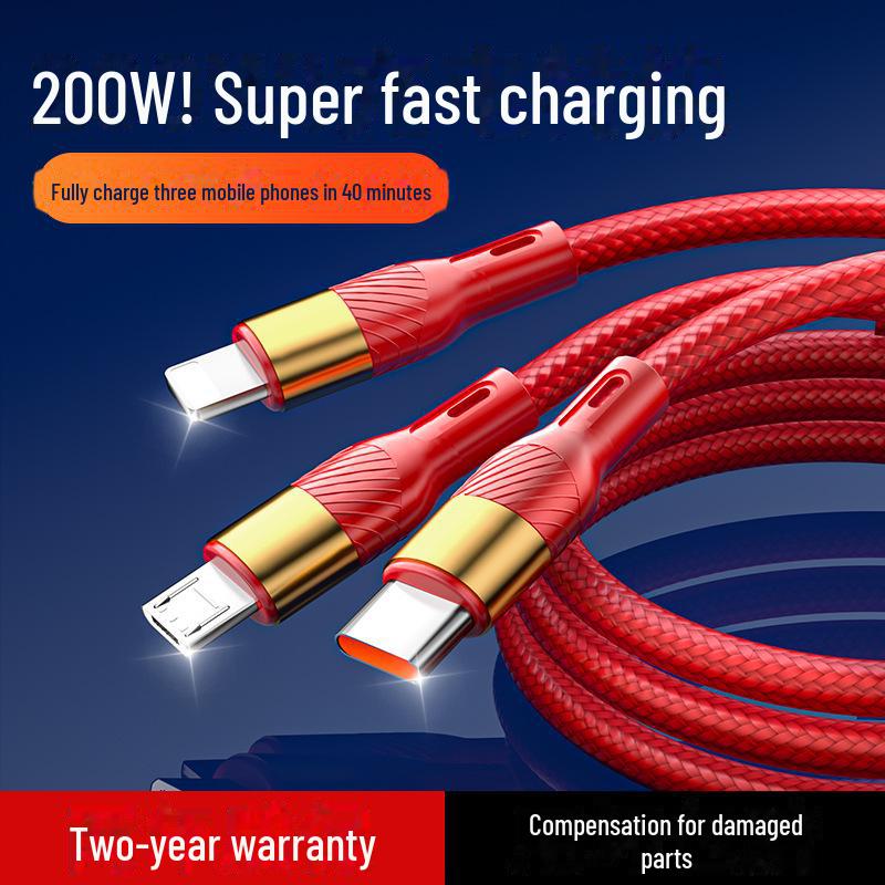 

«Сверхбыстрый кабель для зарядки «три в одном» мощностью 200 Вт для Apple 15, Huawei, OPPO, Honor» 1.2m