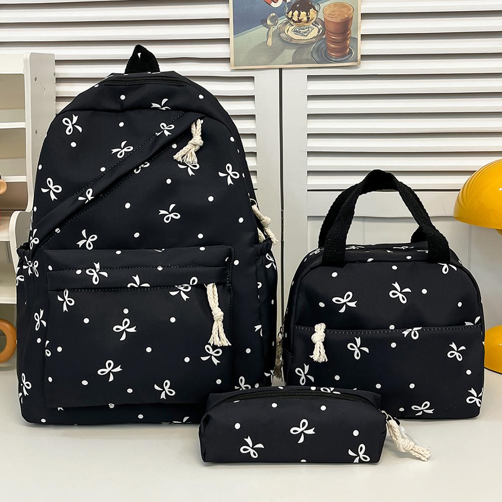 Korean Fashion Bow Print Women Backpack Simple Student Schoolbag Female Bag Set Three-Piece Backpack with Lunch Bag Pencil Case
