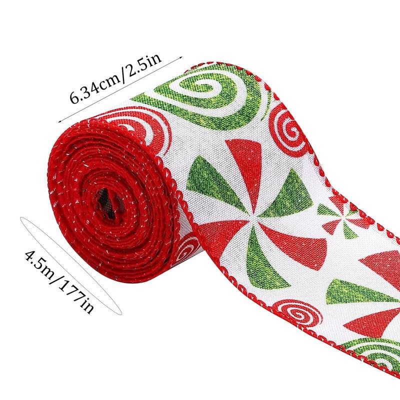 1pc 5 Yards Christmas Candy Peppermint Wired Edge Ribbon Wide Christmas Candy Ribbon For DIYCraft Xmas Tree Gift Party Decor